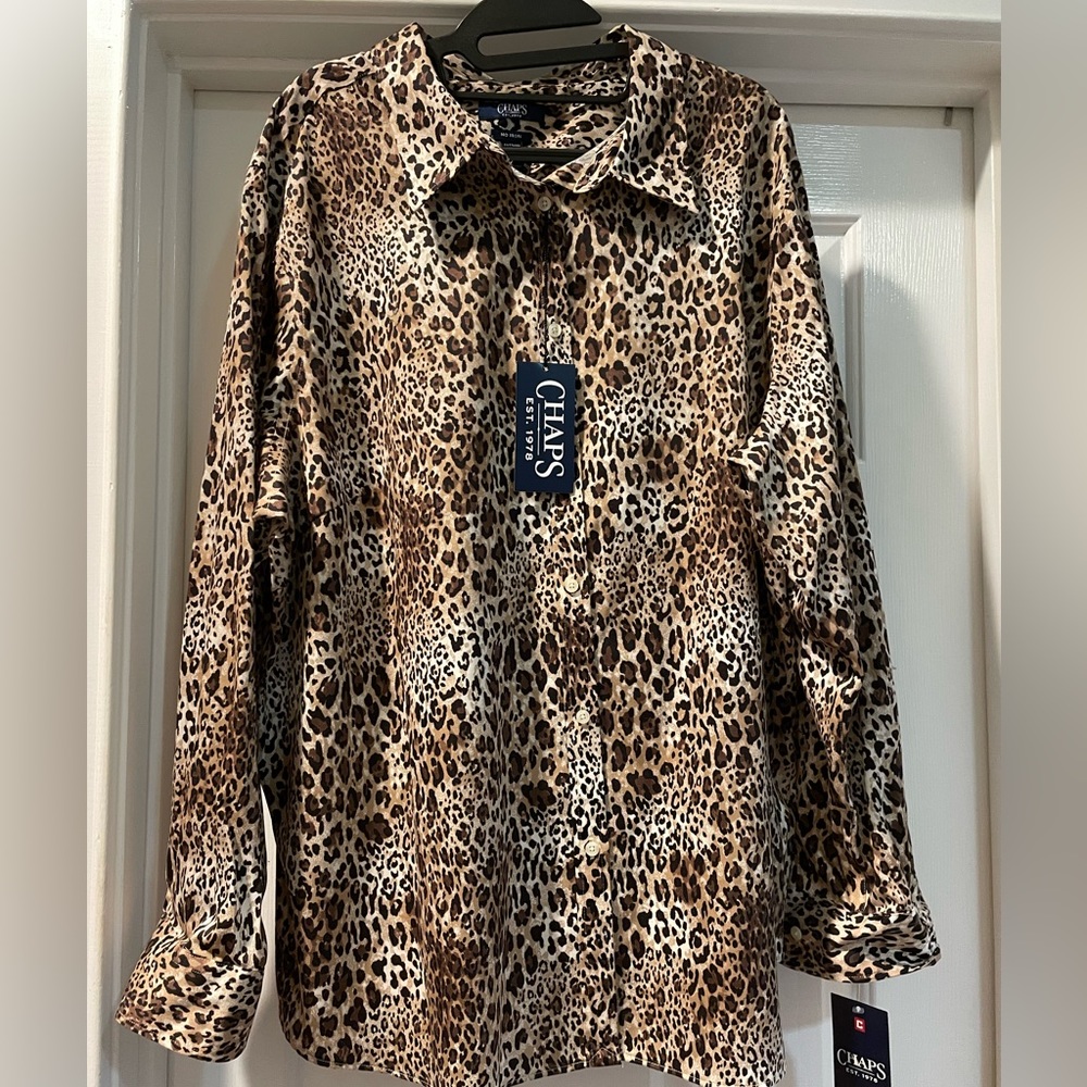 NWT 2X Chaps Leopard Print Button Down Shirt